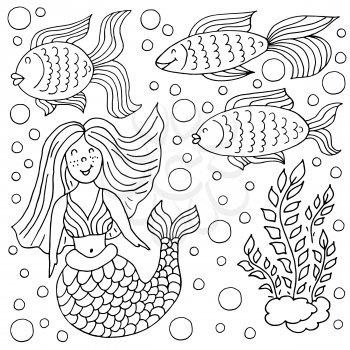 Set of icons in hand draw style. Liner illustration. Collection of drawings on the marine theme. Mermaid, fish, seaweed