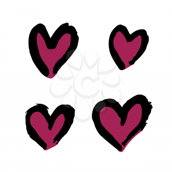 Set of romantic icon, heart. Hand drawing paint, brush drawing. Doodle grunge style icon. Outline
