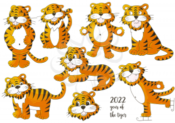Set of tigers in hand draw style. Symbol of 2022. Faces of tigers. New Year 2022. Collection of cute vector illustrations for design