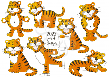 Set of tigers in hand draw style. Symbol of 2022. Faces of tigers. New Year 2022. Collection of cute vector illustrations for your design