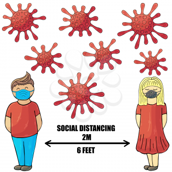 Social Distancing. Coronavirus prevention vector background. Cartoon man and woman observe social distance