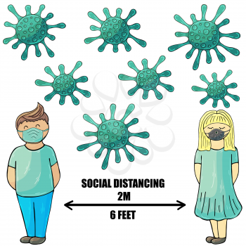 Social Distancing. Coronavirus prevention vector background. Cartoon man and woman observe social distance