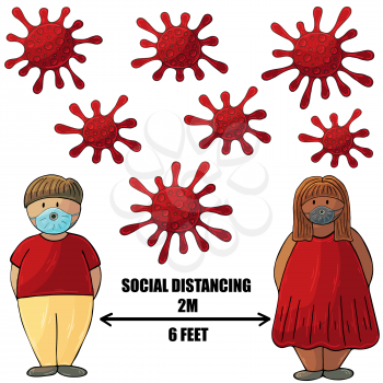 Social Distancing. Coronavirus prevention vector background. Cartoon man and woman observe social distance. Fight against coronavirus. Health