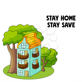 Stay home club, Stay safe. Coronavirus outbreak concept. Coronavirus in China. Novel coronavirus (2019-nCoV). Stay at home concept illustration with house and trees modern cute style