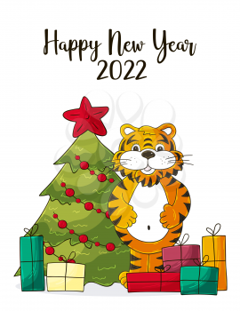 Symbol of 2022. Christmas tree, gifts, tiger. New year 2022. New Year card in hand draw style. Cartoon illustration