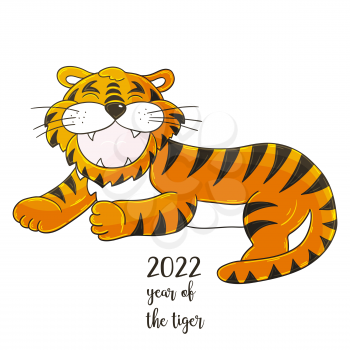 Symbol of 2022. Illustration with tiger in hand draw style. New Year 2022 Tiger lying
