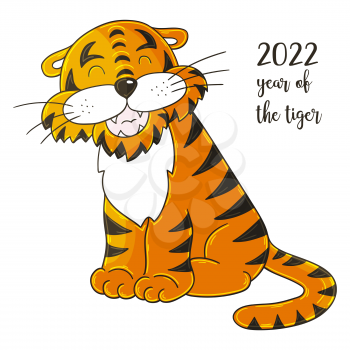 Symbol of 2022. Illustration with tiger in hand draw style. New Year 2022. Tiger sitting. Cartoon animal for calendars, posters