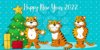 Symbol of 2022. Long New Year card in hand-draw style. Christmas tree, gifts. Three tigers. Cartoon illustration for postcards, calendars, posters, flyers
