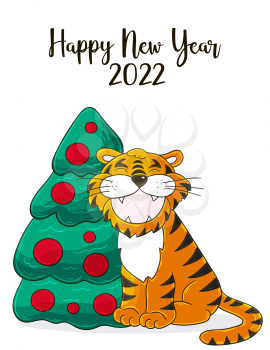 Symbol of 2022. New Year card in hand draw style. Christmas tree, gifts, tiger. New year 2022. Cartoon illustration for postcards, calendars, posters