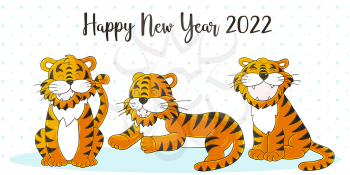 Symbol of 2022. New Year vector greeting card in hand draw style. New Year. Three tigers. Cartoon illustration for calendars