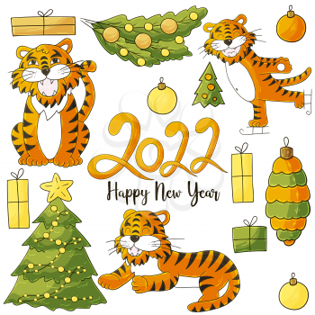 Symbol of 2022. Set of tigers and new year elements in hand draw style. Collection of cute vector illustrations for your design