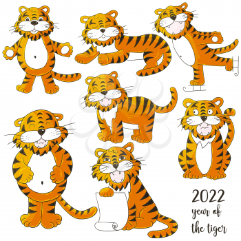 Symbol of 2022. Set of tigers in hand draw style. Faces of tigers. New Year 2022. Collection of cute vector illustrations for your design