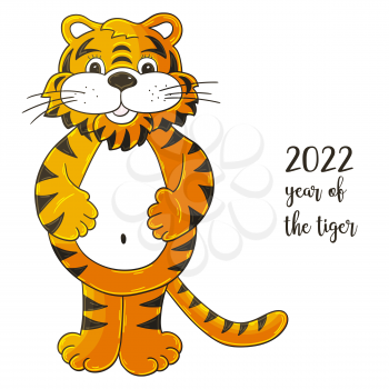 Symbol of 2022. Vector illustration with tiger in hand draw style. New Year 2022. Cheerful tiger, stands and holds on to his stomach. Cartoon animal for cards, calendars