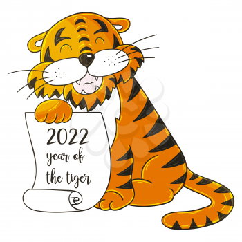 Symbol of 2022. Vector illustration with tiger in hand draw style. New Year 2022. The tiger sits and holds a scroll. Cartoon animal for cards, calendars, posters, flyers