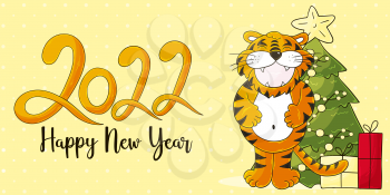 Symbol of 2022. Yellow vector greeting card with a tiger in hand draw style. New Year. Lettering 2022