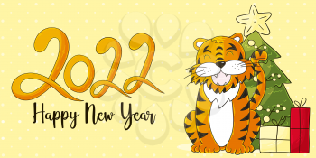 Symbol of 2022. Yellow vector greeting card with a tiger in hand draw style. New Year. Lettering 2022. Cartoon illustration
