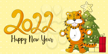 Symbol of 2022. Yellow vector greeting card with a tiger in hand draw style. New Year. Lettering 2022. Cartoon illustration for cards, calendars, posters