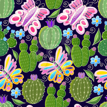 Tropical pattern of various cacti, aloe. Seamless botanical illustration. Butterfly, exotic plants