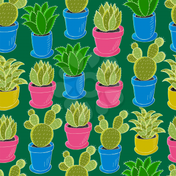 Tropical wallpaper in green colors. Trendy image is ideal for design. Seamless pattern of different cacti. Cute vector background