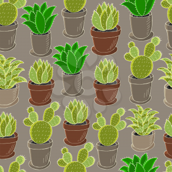 Tropical wallpaper in green colors. Trendy image. Seamless pattern of different cacti. Cute vector background