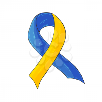 Vector icon in hand draw style. Image isolated on white background. Blue and yellow ribbon. Down syndrome problem