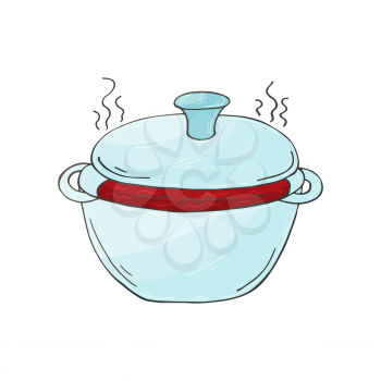 Vector icon in hand draw style. Image isolated on white background. Heat treatment of products. Casserole with hot food