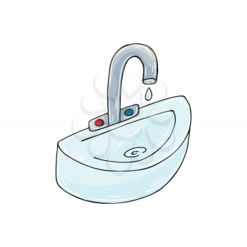 Vector icon in hand draw style. Isolated on white background. Bathroom and its components. Hygiene products. Faucet with water, sink