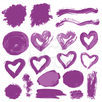 Collection of violet paint, ink, brush strokes, brushes, lines, grungy. Waves, circles, sun, heart. Dirty elements of decoration, boxes, frames Vector illustration Isolated over white background Freehand drawing