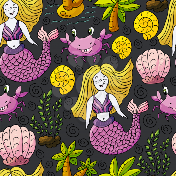 Vector illustration, ocean, underwater world, marine clipart. Seamless pattern for cards, flyers, banners, fabrics. Crab, palm mermaid shells on a gray background
