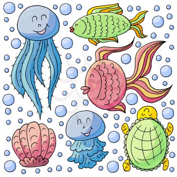 Vector illustration, ocean, underwater world, marine clipart. Set of Cartoon characters for cards, flyers, banners, children's books. Print for t-shirts. Jellyfish, fish, turtle, shells