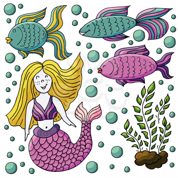Vector illustration, ocean, underwater world, marine clipart. Set of Cartoon characters for cards, flyers, banners, children's books. Print for t-shirts. Seaweed, fish, mermaid