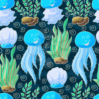 Vector illustration, ocean, underwater world, marine clipart. Summer style. Seamless pattern for cards, flyers, banners, fabrics Jellyfish and seaweed
