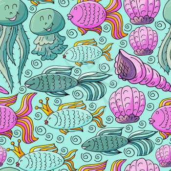 Vector illustration, ocean, underwater world, marine clipart. Summer style. Seamless pattern for cards, flyers, banners, fabrics Jellyfish fish shells