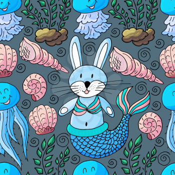 Vector illustration, ocean, underwater world, marine clipart. Seamless pattern for cards, flyers, banners, fabrics. Bunny mermaid, algae, jellyfish shells on a blue background