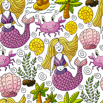 Vector illustration, ocean, underwater world, marine clipart. Seamless pattern for cards, flyers, banners, fabrics. Crab, palm mermaid shells on a white background