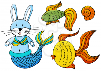 Vector illustration, ocean, underwater world, marine clipart. Set of Cartoon characters for cards, flyers, banners, children's books. Print for t-shirts. Bunny mermaid, fish, shell