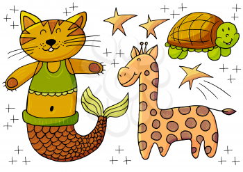 Vector illustration, ocean, underwater world, marine clipart. Set of Cartoon characters for cards, flyers, banners, children's books. Print for t-shirts. Mermaid cat, turtle, giraffe