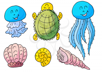 Vector illustration, ocean, underwater world, marine clipart. Set of Cartoon characters for cards, flyers, banners, children's books. Print for t-shirts. Seashells, Turtle, Jellyfish