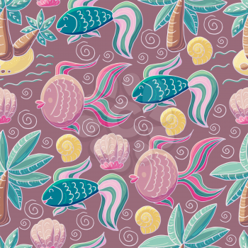 Vector illustration, ocean, underwater world, marine clipart. Summer style. Seamless pattern for cards, flyers, banners, fabrics. Fish, shells and palm trees on a pink background
