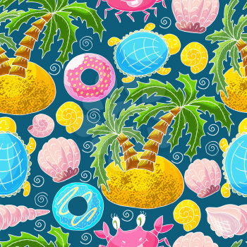 Vector illustration, ocean, underwater world, marine clipart. Summer style. Seamless pattern for cards, flyers, banners, fabrics. Island, palm turtle shells on a blue background