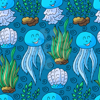Vector illustration, ocean, underwater world, marine clipart. Summer style. Seamless pattern for cards, flyers, banners, fabrics. Jellyfish and seaweed on a blue background