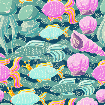 Vector illustration, ocean, underwater world, marine clipart. Summer style. Seamless pattern for cards, flyers, banners, fabrics. Jellyfish, fish shells on a blue background
