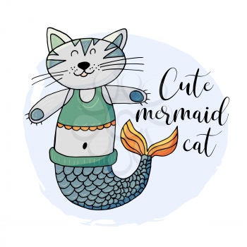 Vector illustration of a fabulous mermaid. Cartoon character for cards, flyers, banners, children's books. Print for t-shirts. Seaweed, corals, shells. Cat Mermaid