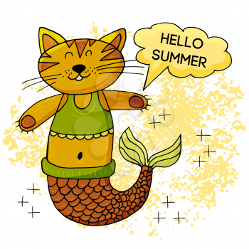 Vector illustration of a fabulous mermaid. Cartoon character for cards, flyers, banners, children's books. Print for t-shirts. Seaweed, corals, shells. Cat Mermaid. Hello summer