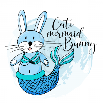 Vector illustration of a fabulous mermaid. Cartoon character for cards, flyers, banners, children's books. Seaweed, corals, shells. Bunny Mermaid