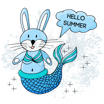 Vector illustration of a fabulous mermaid. Cartoon character for cards, flyers, banners, children's books. Seaweed, corals, shells. Bunny Mermaid. Hello summer