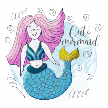 Vector illustration of a fabulous mermaid. Cartoon character for cards, flyers, banners, children's books. Seaweed, corals, shells. Cute mermaid