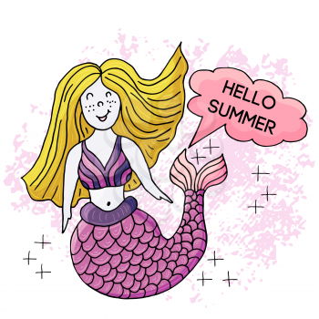 Vector illustration of a fabulous mermaid. Cartoon character for cards, flyers, banners, children's books. Seaweed, corals, shells. Cute mermaid. Hello summer