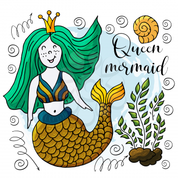 Vector illustration of a fabulous mermaid. Cartoon character for cards, flyers, banners, children's books. Seaweed, corals, shells. Queen mermaid