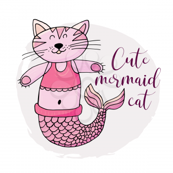 Vector illustration of a fabulous mermaid. Cartoon character for cards, flyers, children's books. Print for t-shirts. Seaweed, corals, shells. Cat Mermaid